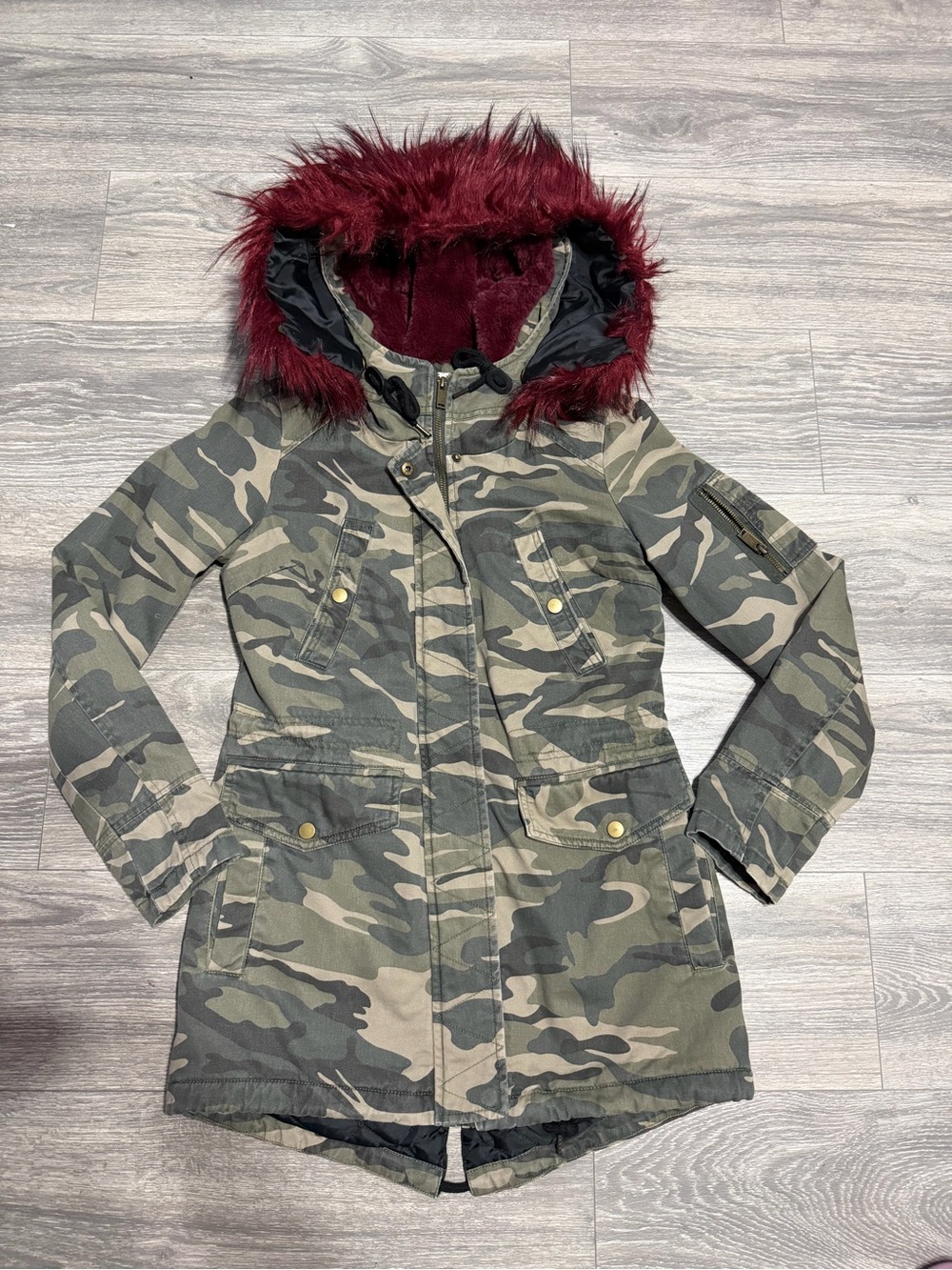 American Rag Women's Camo Utility Jacket with Burgundy Faux Fur Hood
